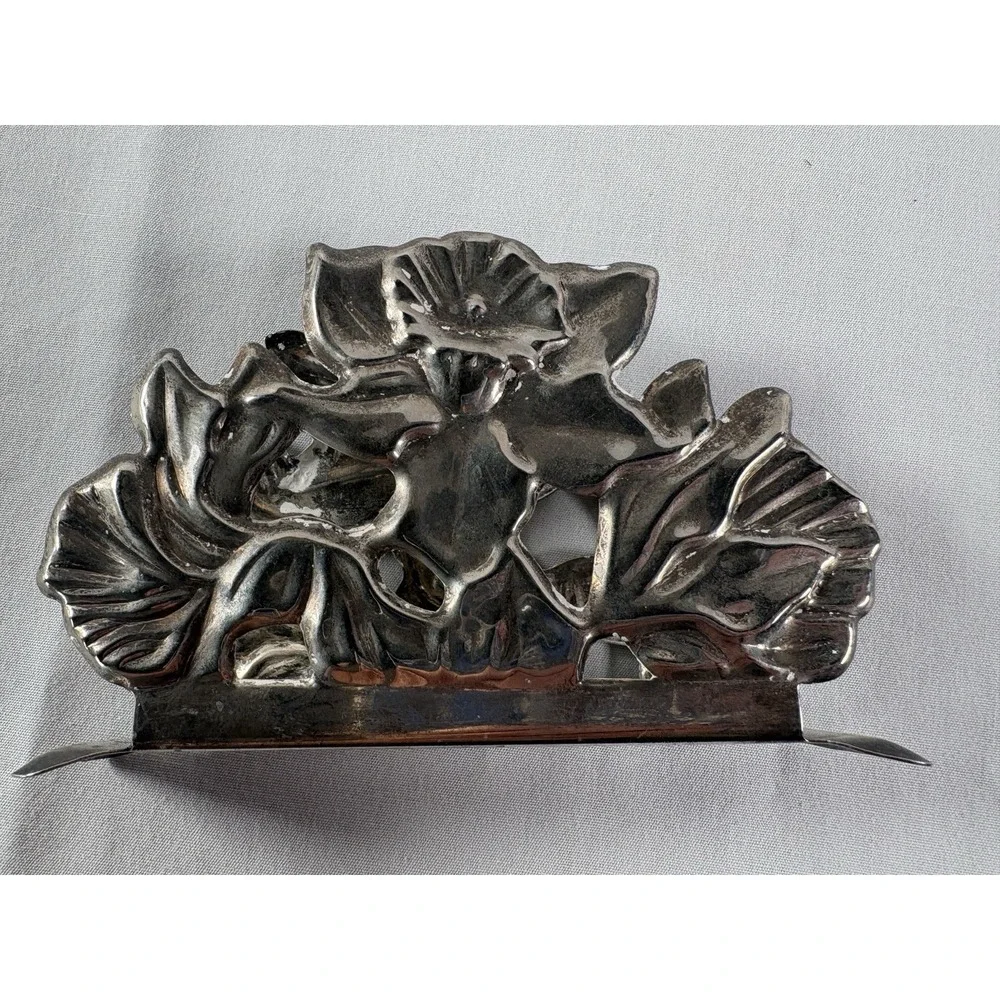 Silverplate Napkin Letter Holder Embossed Floral Motif 5x3x1 Vtg Patina READ